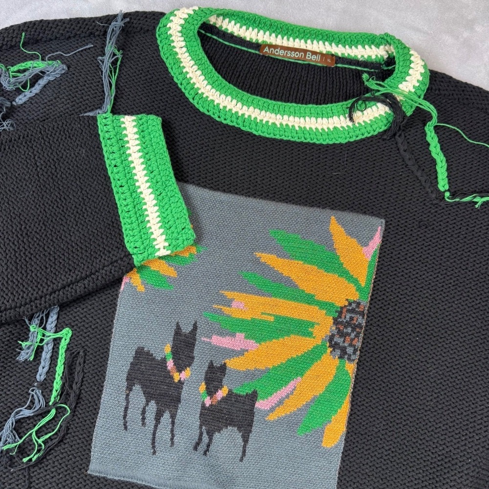 Andersson‎ Bell Summer Flower Sweater Black Green Cotton Distressed XL
